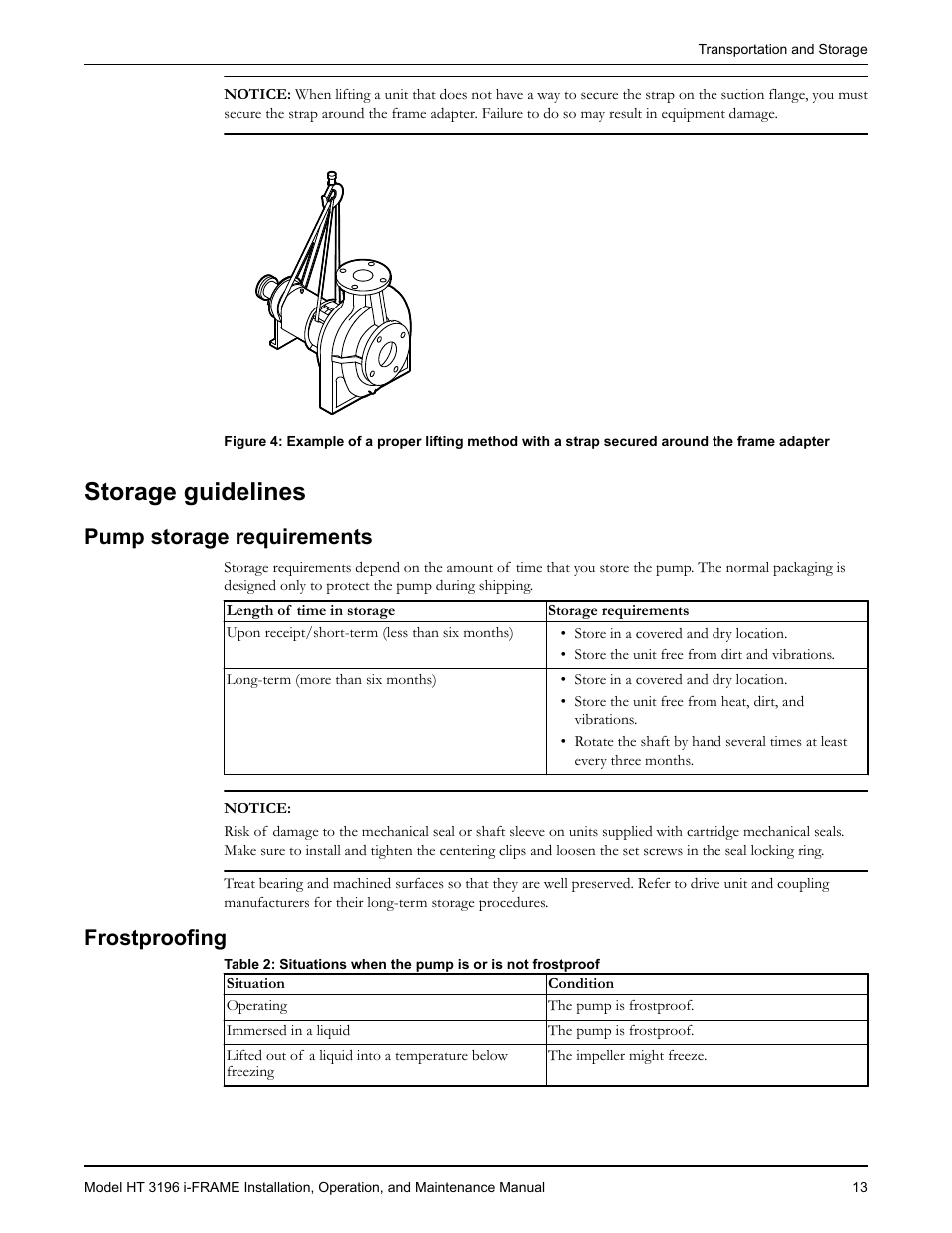 Storage guidelines, Pump storage requirements, Frostproofing | Rostproofing | Goulds Pumps HT 3196 i-FRAME - IOM User Manual | Page 15 / 148