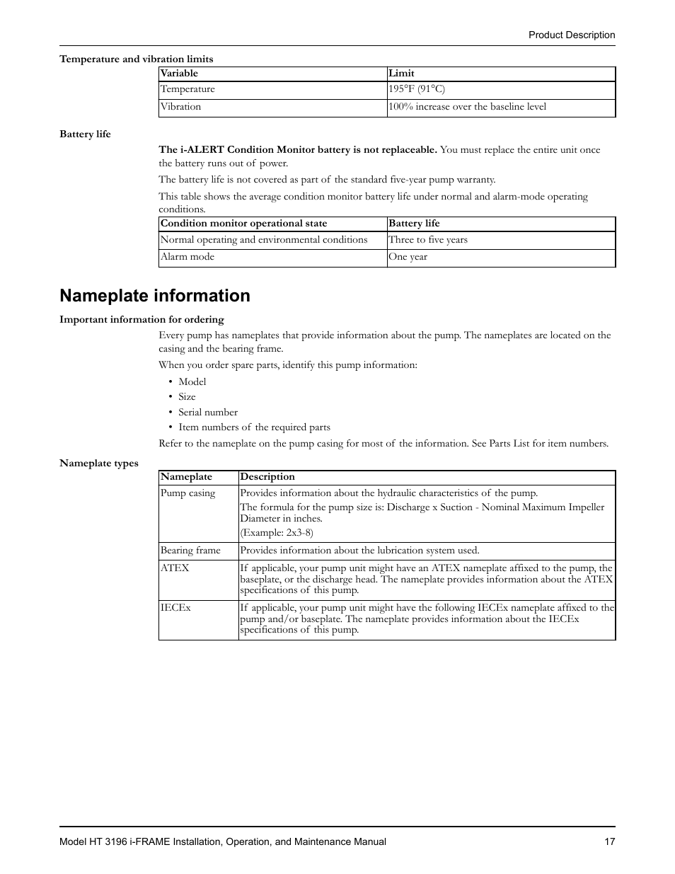 Nameplate information | Goulds Pumps HT 3196 i-FRAME - IOM User Manual | Page 19 / 148