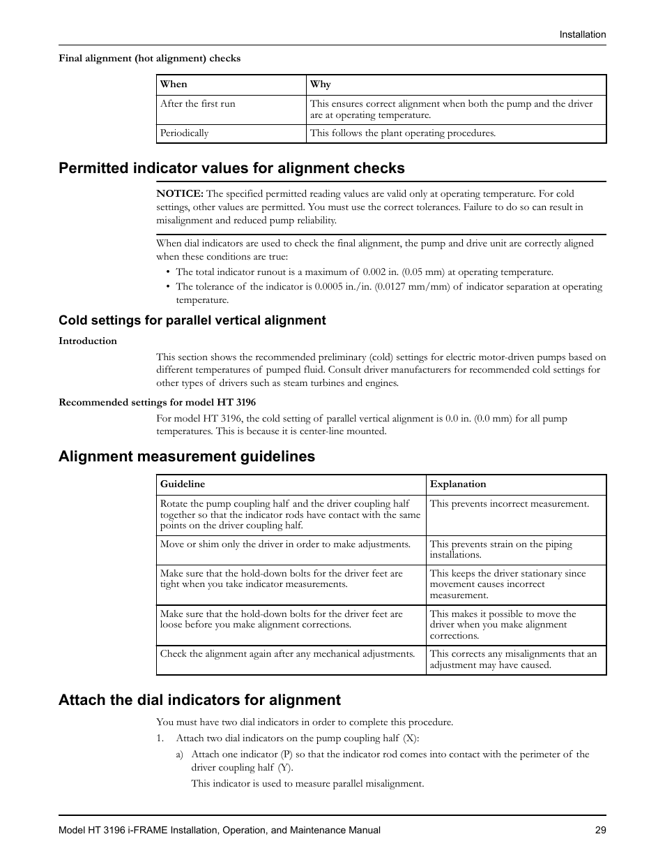 Permitted indicator values for alignment checks, Cold settings for parallel vertical alignment, Alignment measurement guidelines | Attach the dial indicators for alignment | Goulds Pumps HT 3196 i-FRAME - IOM User Manual | Page 31 / 148