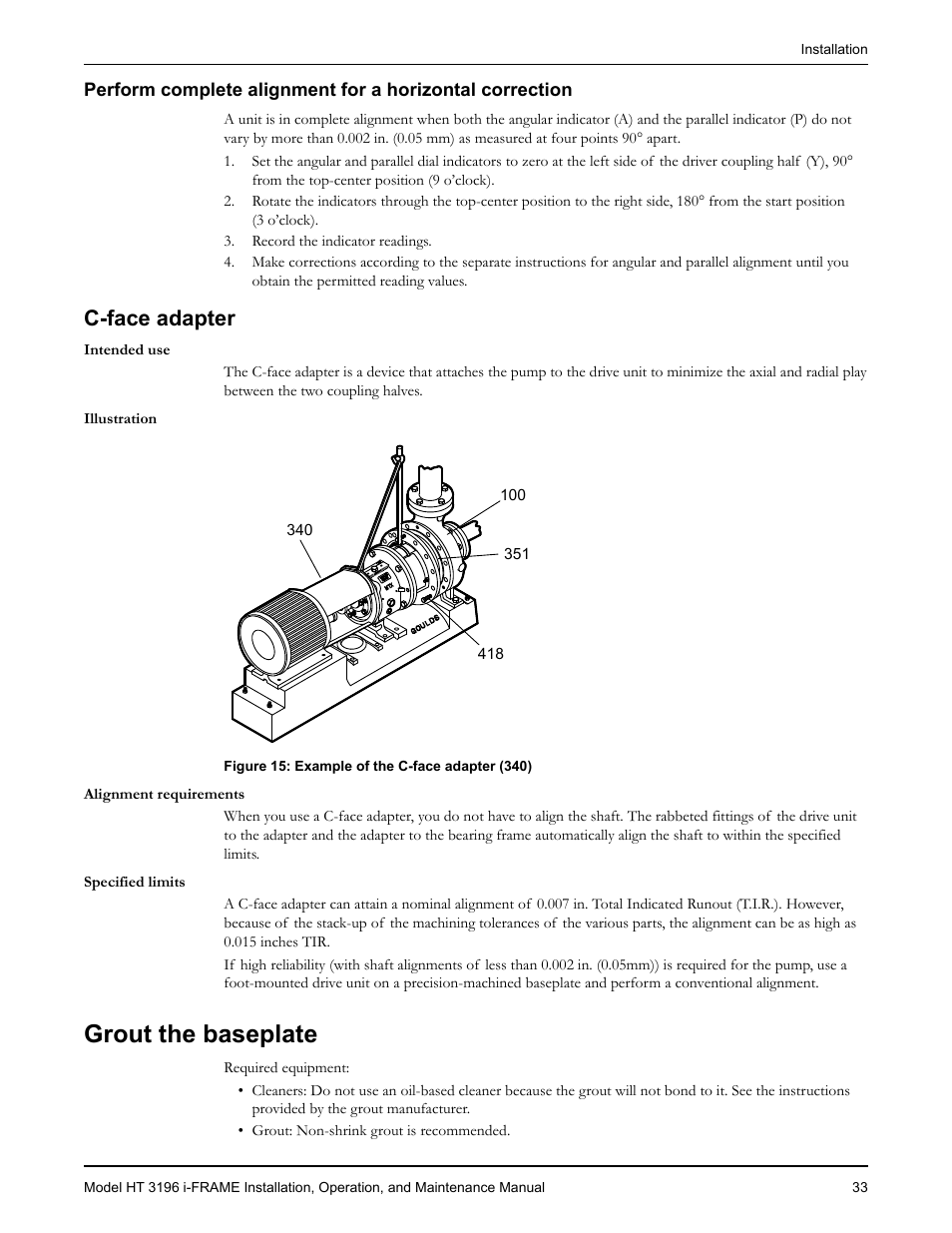 C-face adapter, Grout the baseplate | Goulds Pumps HT 3196 i-FRAME - IOM User Manual | Page 35 / 148