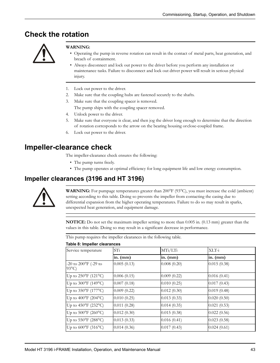 Check the rotation, Impeller-clearance check, Impeller clearances (3196 and ht 3196) | Check the rotation impeller-clearance check | Goulds Pumps HT 3196 i-FRAME - IOM User Manual | Page 45 / 148