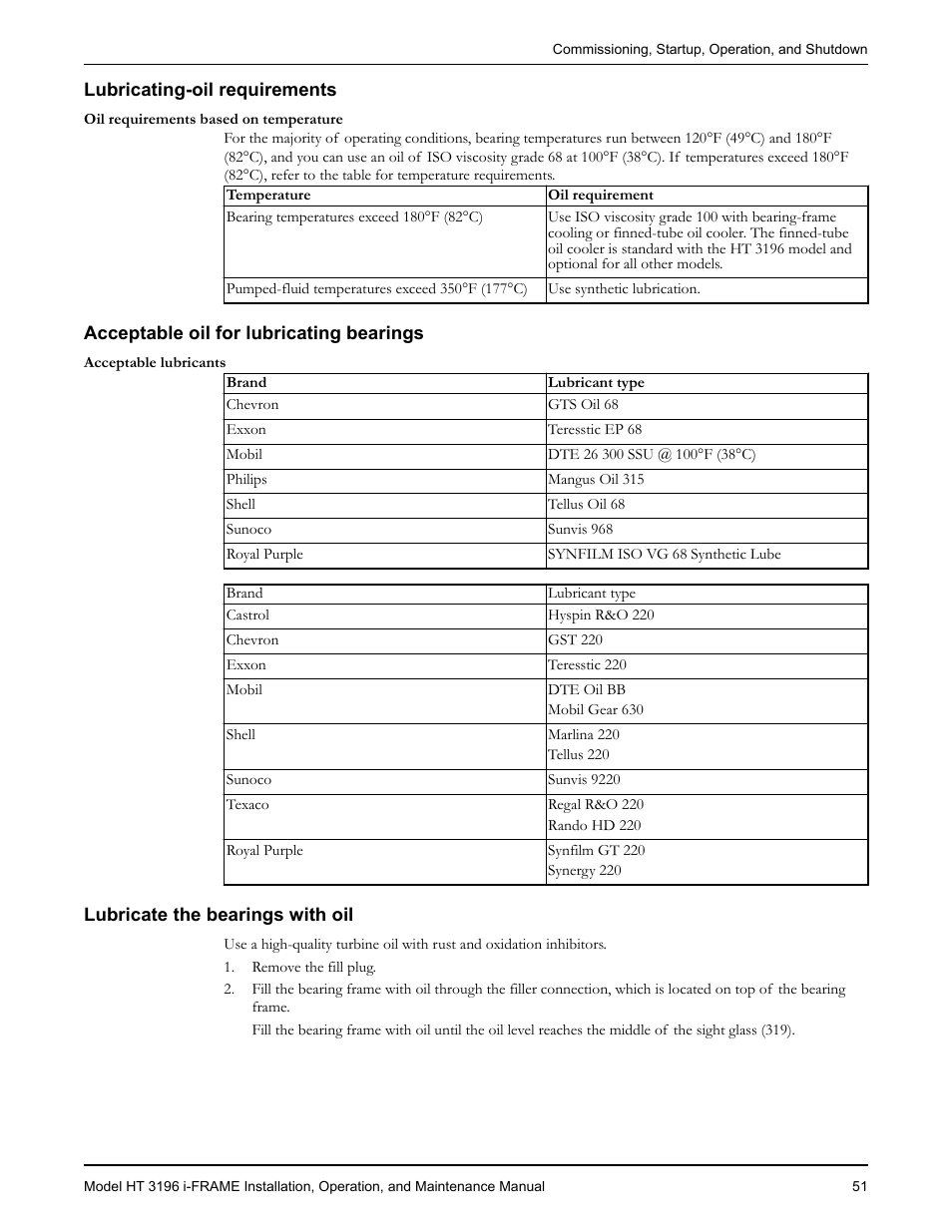 Lubricating-oil requirements, Acceptable oil for lubricating bearings, Lubricate the bearings with oil | Goulds Pumps HT 3196 i-FRAME - IOM User Manual | Page 53 / 148