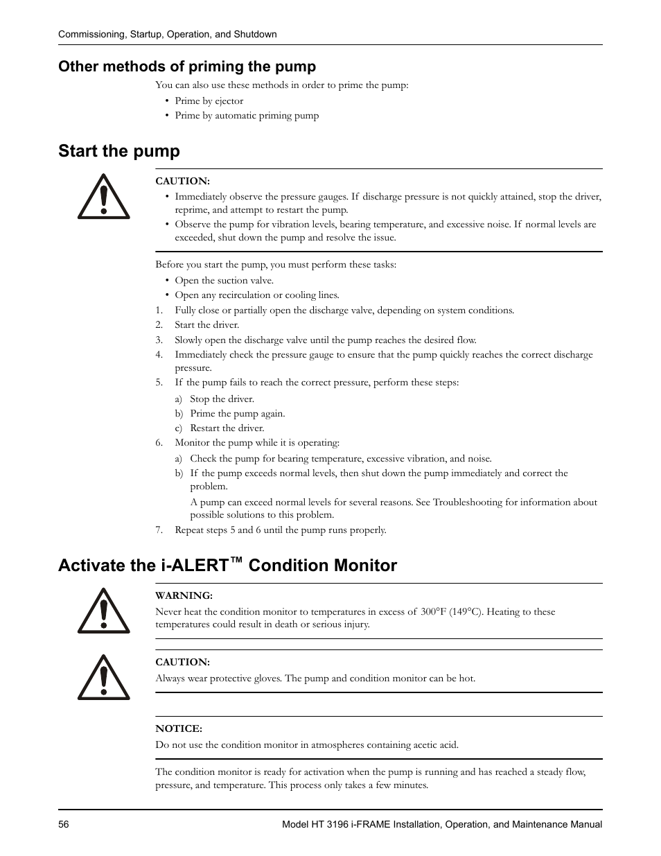 Other methods of priming the pump, Start the pump, Activate the i-alert™ condition monitor | Start the pump activate the i-alert, Condition monitor, Activate the i-alert | Goulds Pumps HT 3196 i-FRAME - IOM User Manual | Page 58 / 148