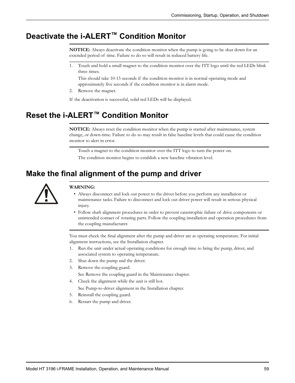 Deactivate the i-alert™ condition monitor, Reset the i-alert™ condition monitor, Make the final alignment of the pump and driver | Deactivate the i-alert, Condition monitor, Eset the i-alert, Reset the i-alert | Goulds Pumps HT 3196 i-FRAME - IOM User Manual | Page 61 / 148