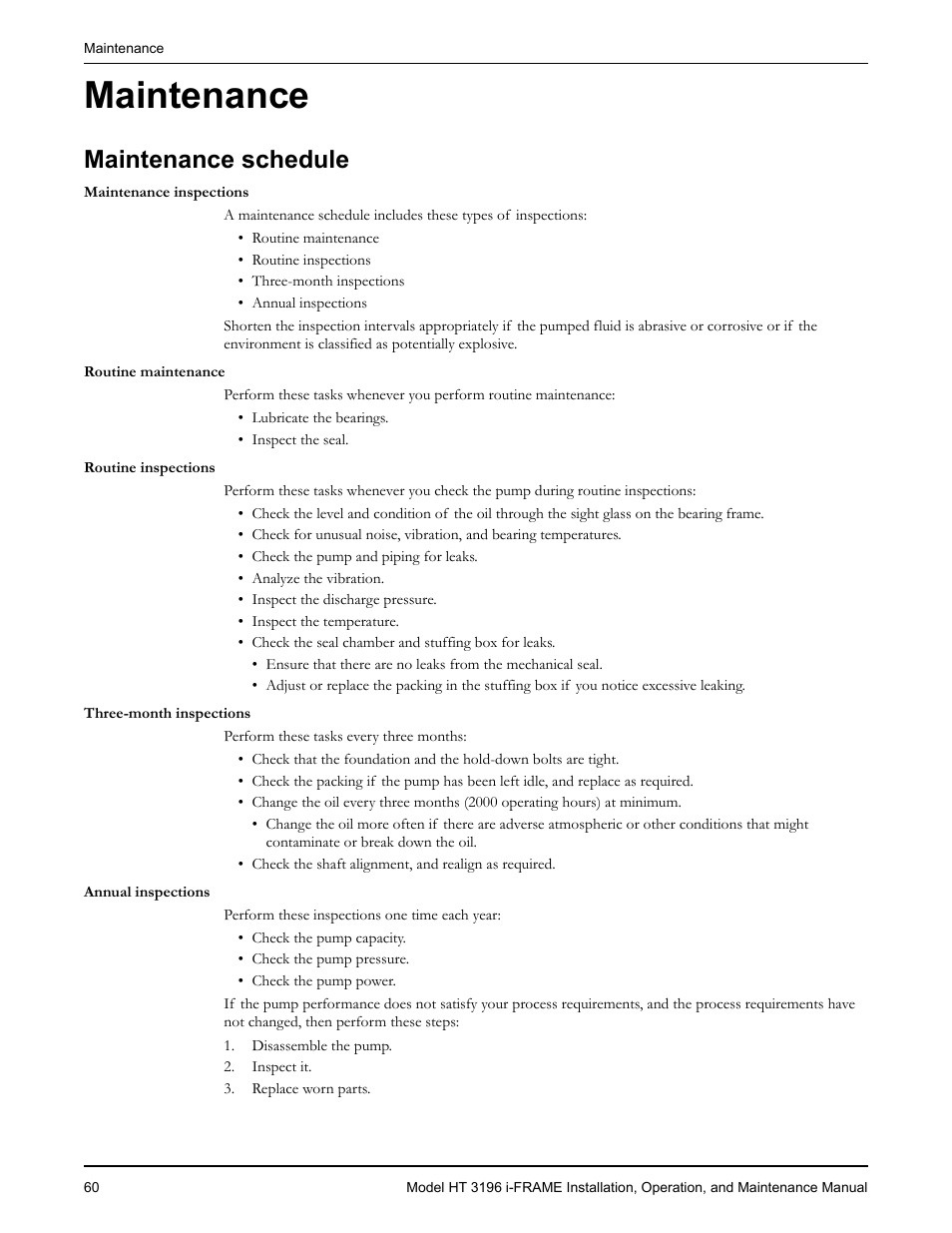 Maintenance, Maintenance schedule | Goulds Pumps HT 3196 i-FRAME - IOM User Manual | Page 62 / 148