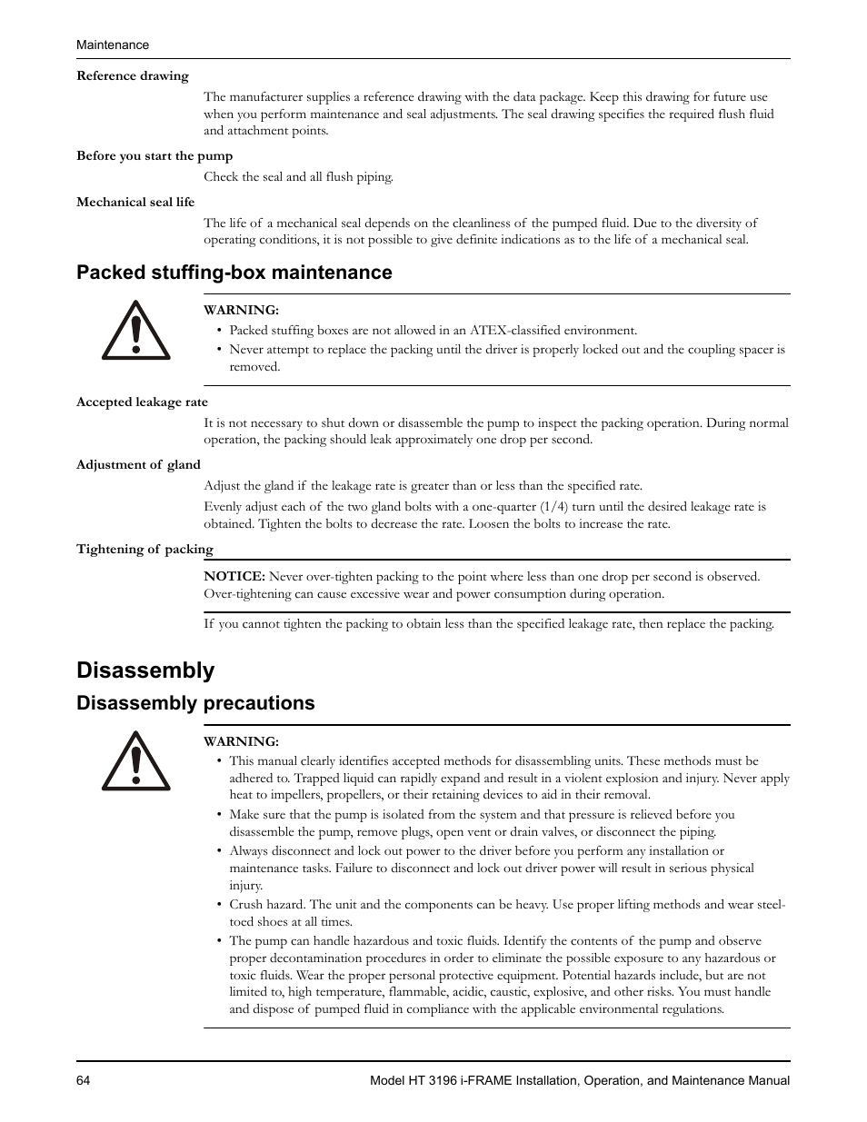 Packed stuffing-box maintenance, Disassembly, Disassembly precautions | Ked stuffing-box maintenance | Goulds Pumps HT 3196 i-FRAME - IOM User Manual | Page 66 / 148