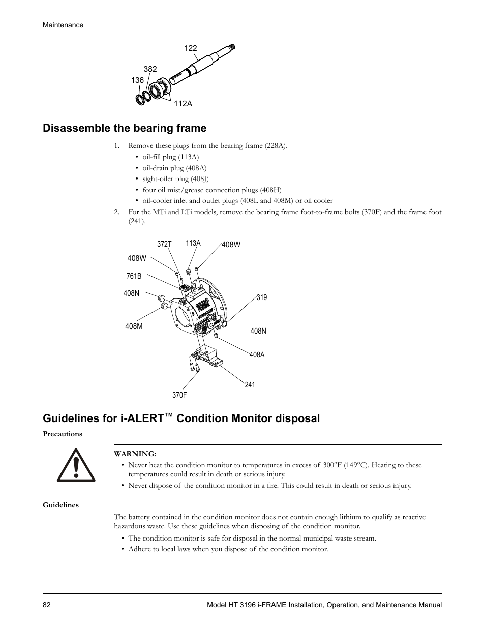 Disassemble the bearing frame, Guidelines for i-alert™ condition monitor disposal, Condition monitor disposal | Guidelines for i-alert | Goulds Pumps HT 3196 i-FRAME - IOM User Manual | Page 84 / 148