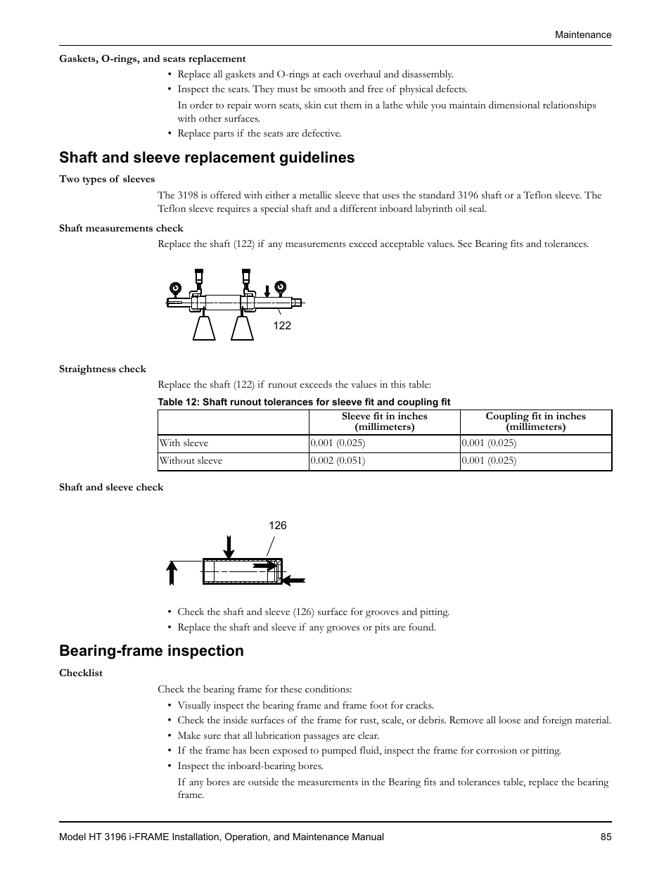 Shaft and sleeve replacement guidelines, Bearing-frame inspection | Goulds Pumps HT 3196 i-FRAME - IOM User Manual | Page 87 / 148