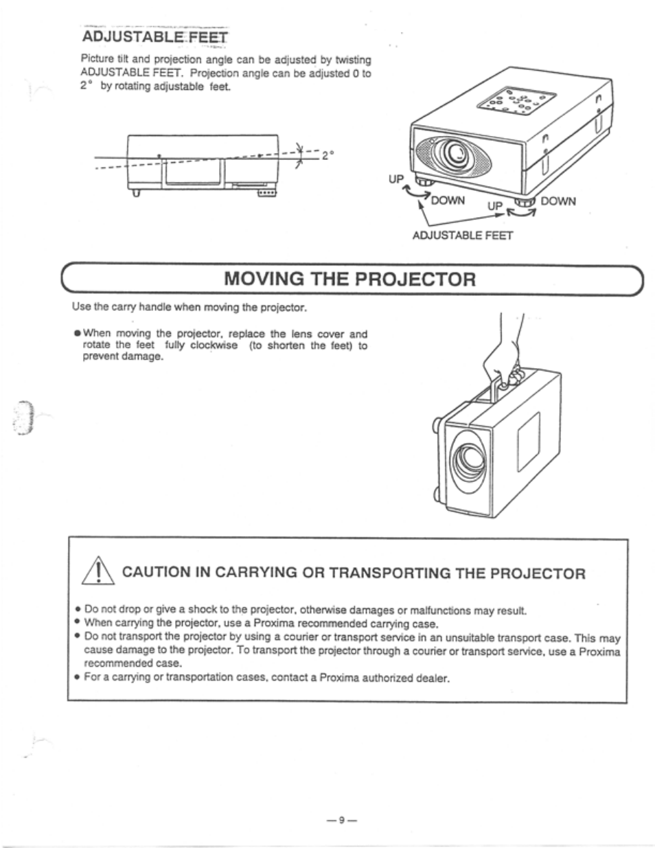 Moving the projector, Caution in carrying or transporting the projector | Ask Proxima Ultralight LS1 User Manual | Page 11 / 49