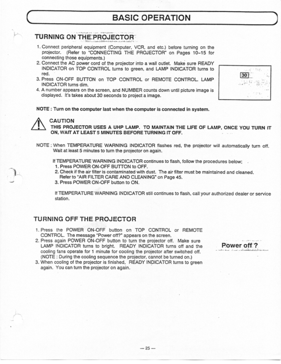 Turning on the pr^jector, Turning off the projector, Basic operation | Power off | Ask Proxima Ultralight LS1 User Manual | Page 27 / 49