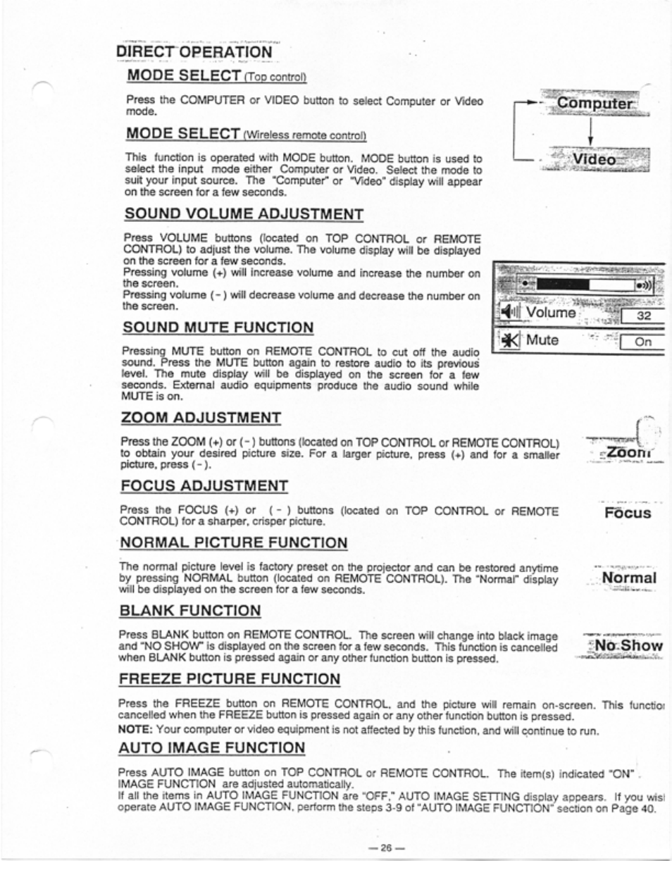 Djrect operation mode selectn-qp eontron, Ijkl mute, Sound volume adjustment | Sound mute function, Zoom adjustment, Focus adjustment, Normal picture function, Blank function, Freeze picture function, R-zsoni | Ask Proxima Ultralight LS1 User Manual | Page 28 / 49