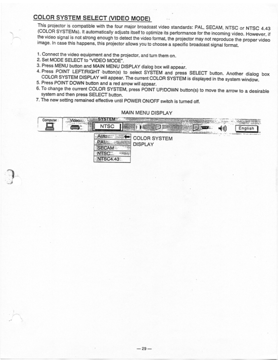 Secam, Color system select (video mod0 | Ask Proxima Ultralight LS1 User Manual | Page 31 / 49