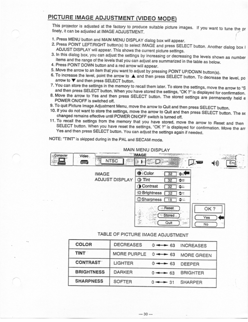 Ntsc i pi-^' [7.w ■<»), Picture image adjustment fvideo mode) | Ask Proxima Ultralight LS1 User Manual | Page 32 / 49