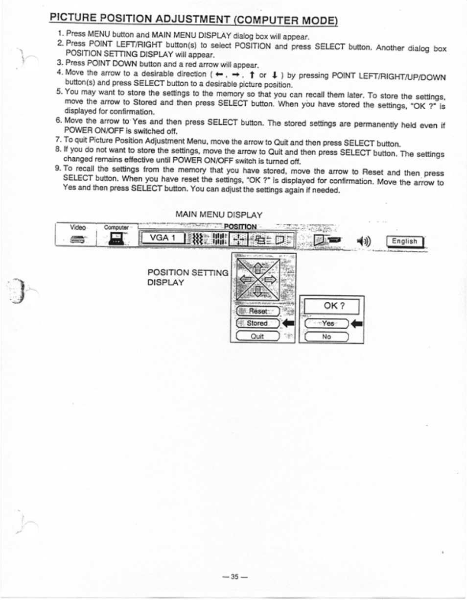 Posmon, Picture position adjustment (computer mode) | Ask Proxima Ultralight LS1 User Manual | Page 37 / 49