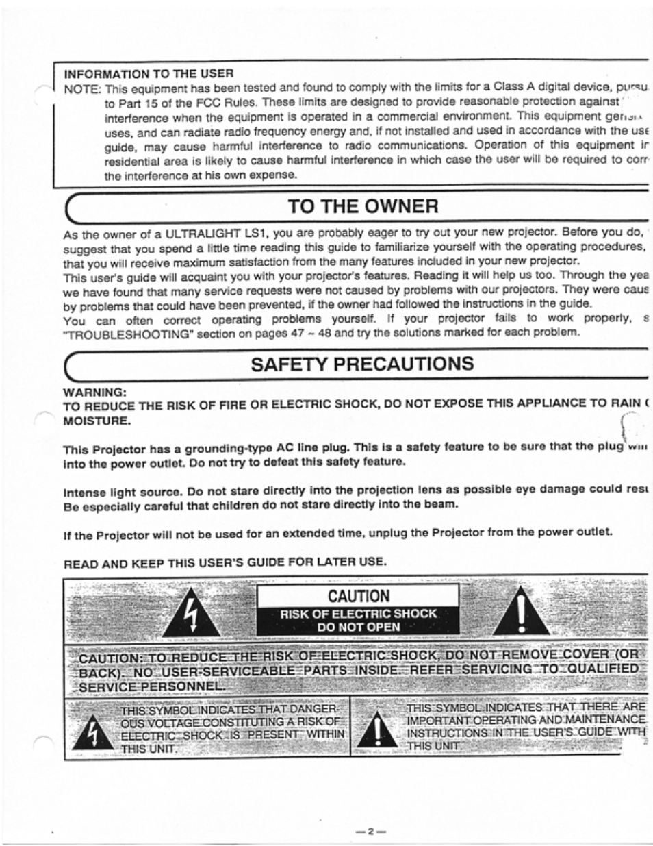 To the owner, Safety precautions, Caution | Ask Proxima Ultralight LS1 User Manual | Page 4 / 49