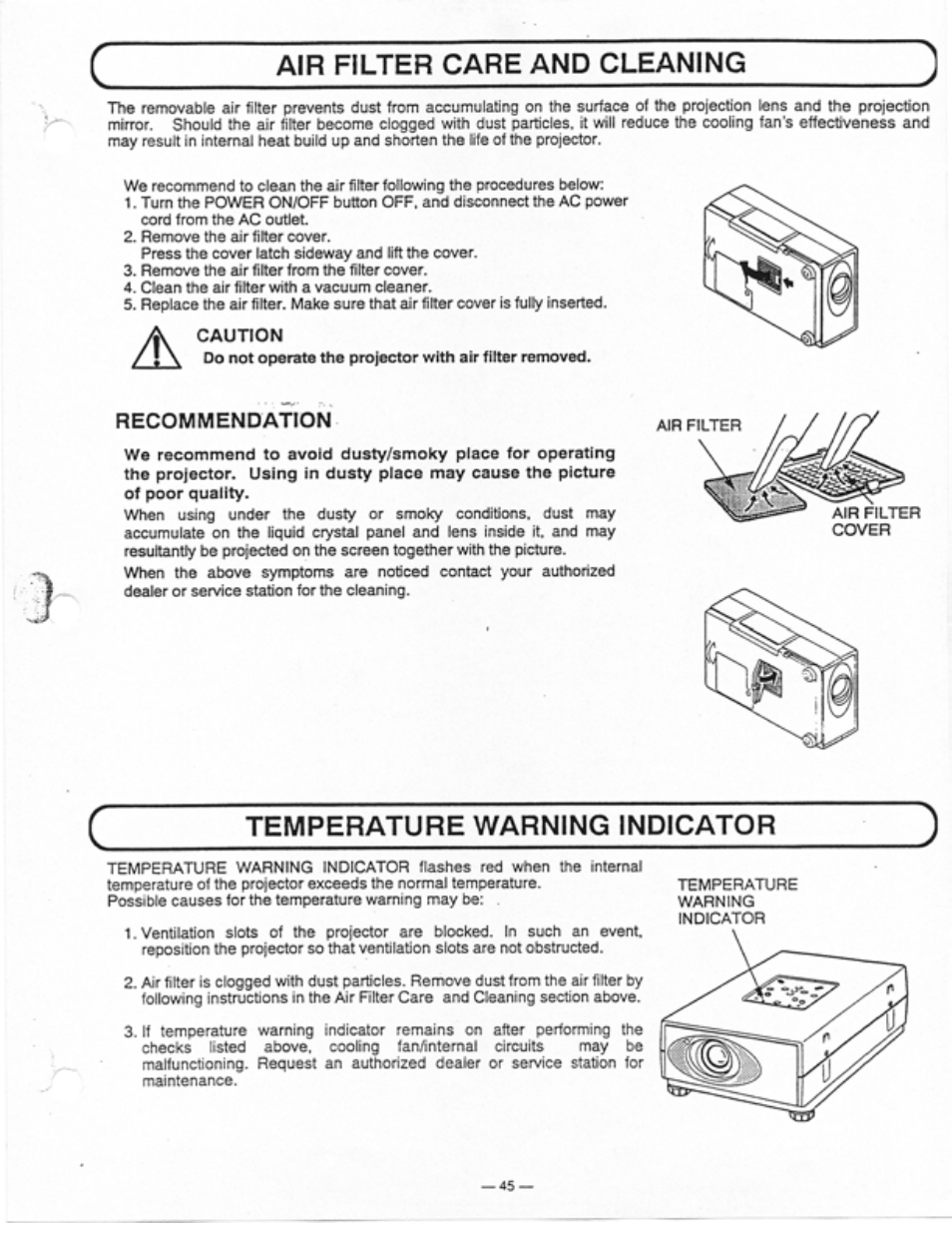 Recommendation, Temperature warning indicator, Air filter care and cleaning | Ask Proxima Ultralight LS1 User Manual | Page 45 / 49