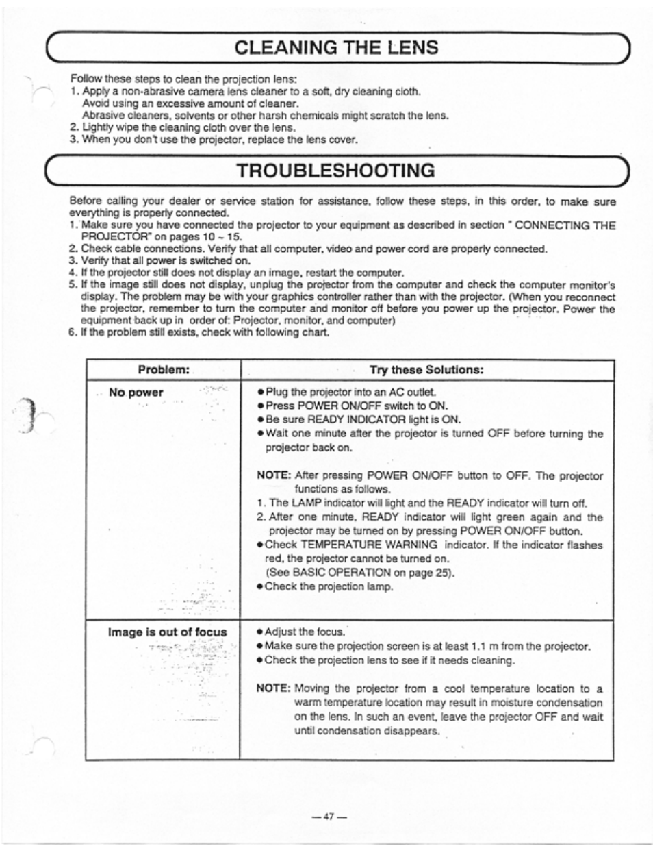 Troubleshooting, Cleaning the lens | Ask Proxima Ultralight LS1 User Manual | Page 47 / 49