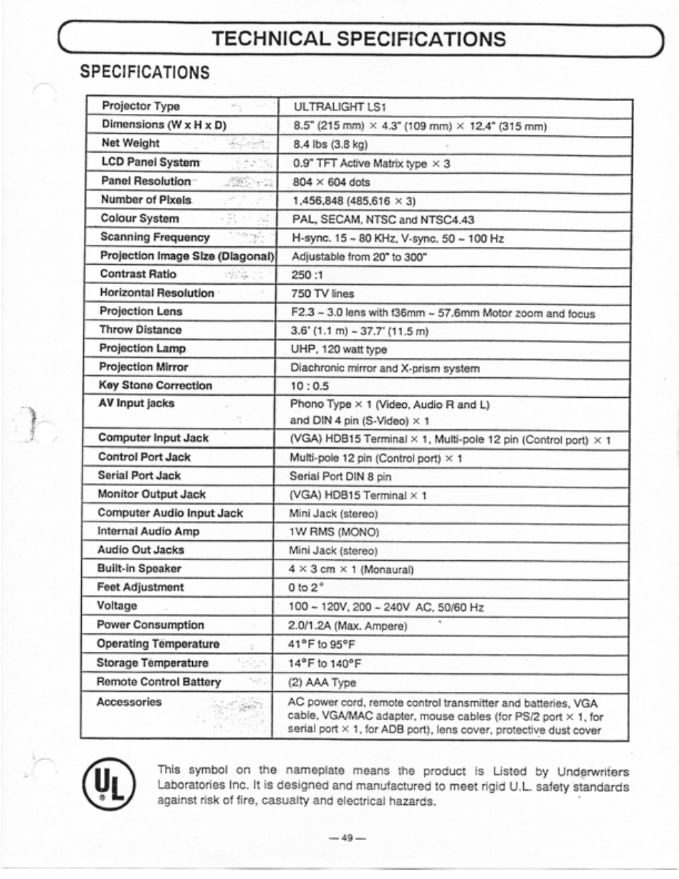 Specifications, Technical specifications ) | Ask Proxima Ultralight LS1 User Manual | Page 49 / 49