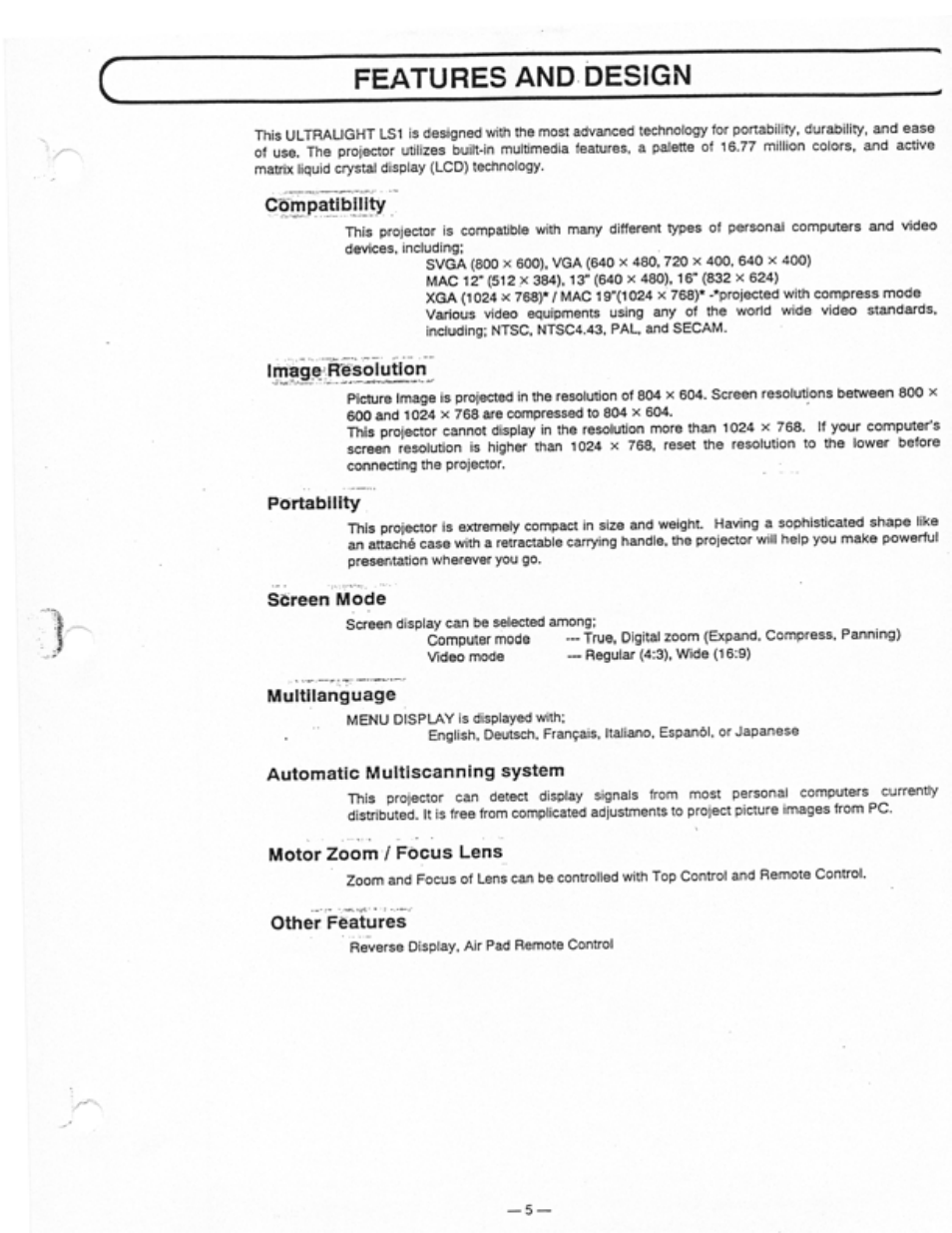 Features and design | Ask Proxima Ultralight LS1 User Manual | Page 7 / 49