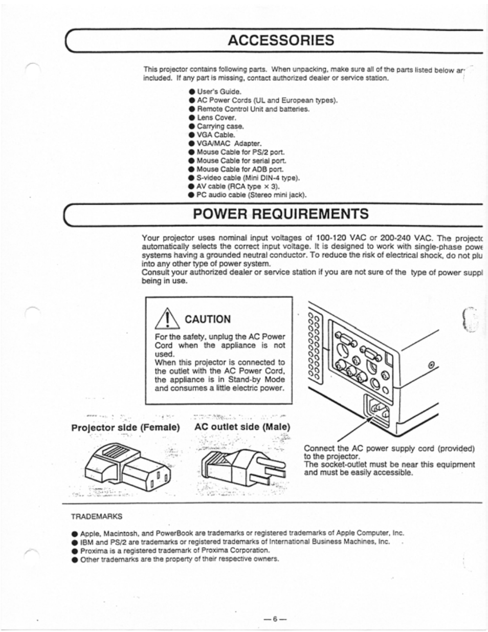 Power requirements, Caution, Accessories | Ask Proxima Ultralight LS1 User Manual | Page 8 / 49