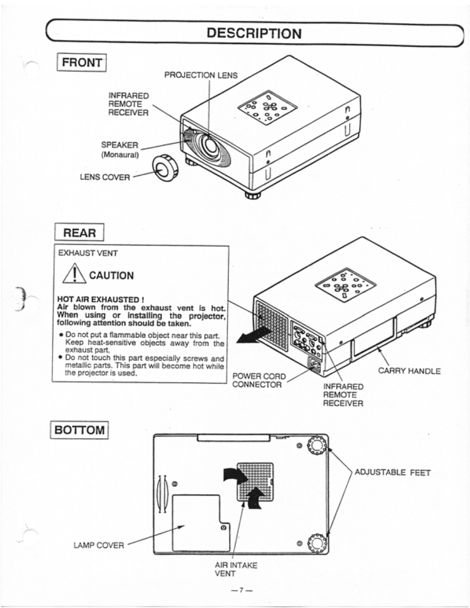 Rear, Caution, Bottom | Ask Proxima Ultralight LS1 User Manual | Page 9 / 49