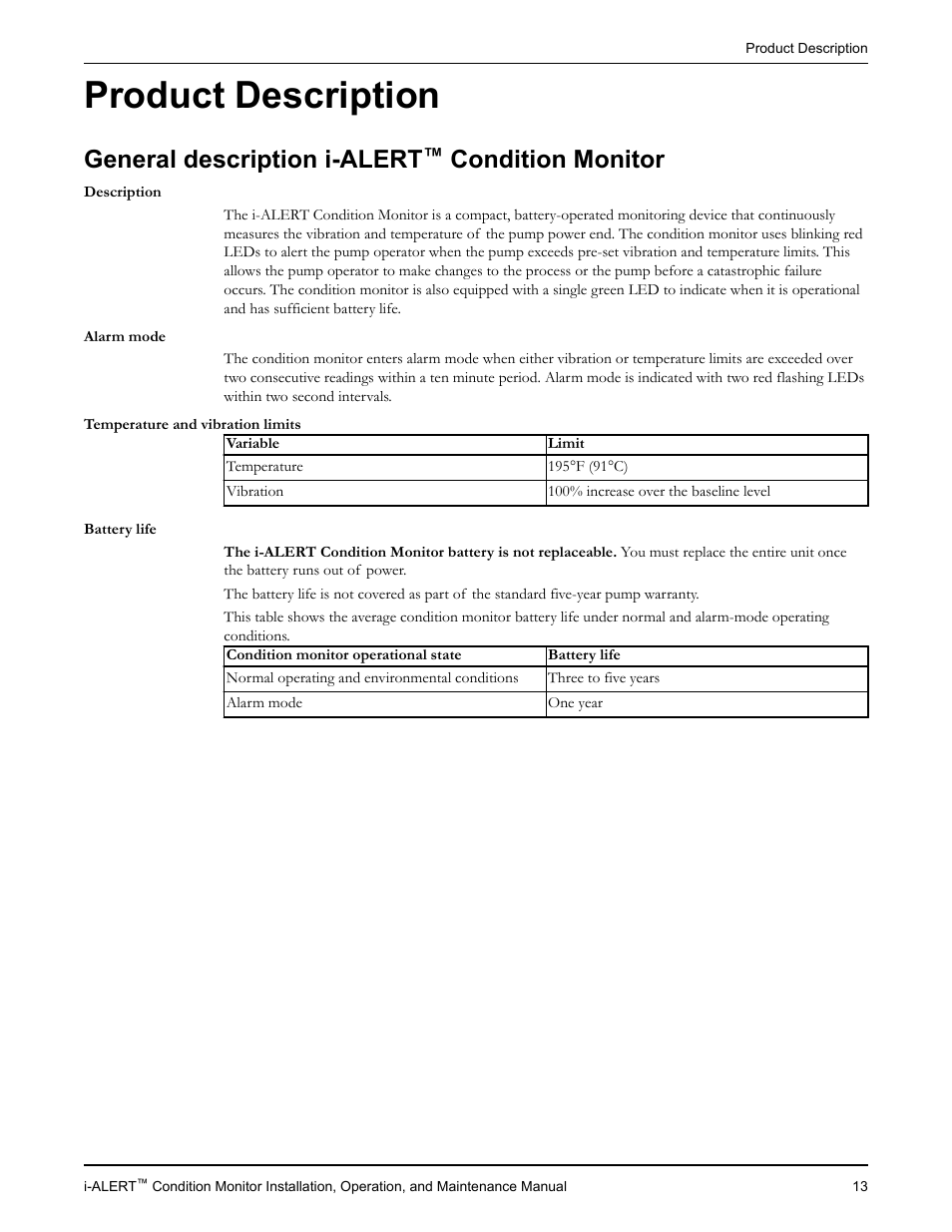Product description, General description i-alert™ condition monitor, Oduct description | General description i-alert, Condition monitor | Goulds Pumps i-ALERT Condition Monitor User Manual | Page 15 / 24