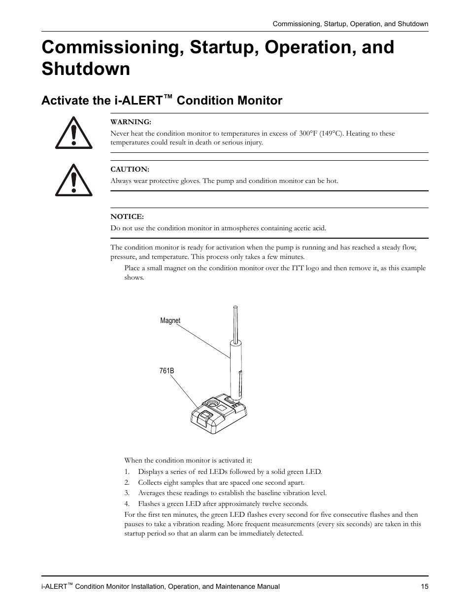 Commissioning, startup, operation, and shutdown, Activate the i-alert™ condition monitor, Activate the i-alert | Condition monitor | Goulds Pumps i-ALERT Condition Monitor User Manual | Page 17 / 24