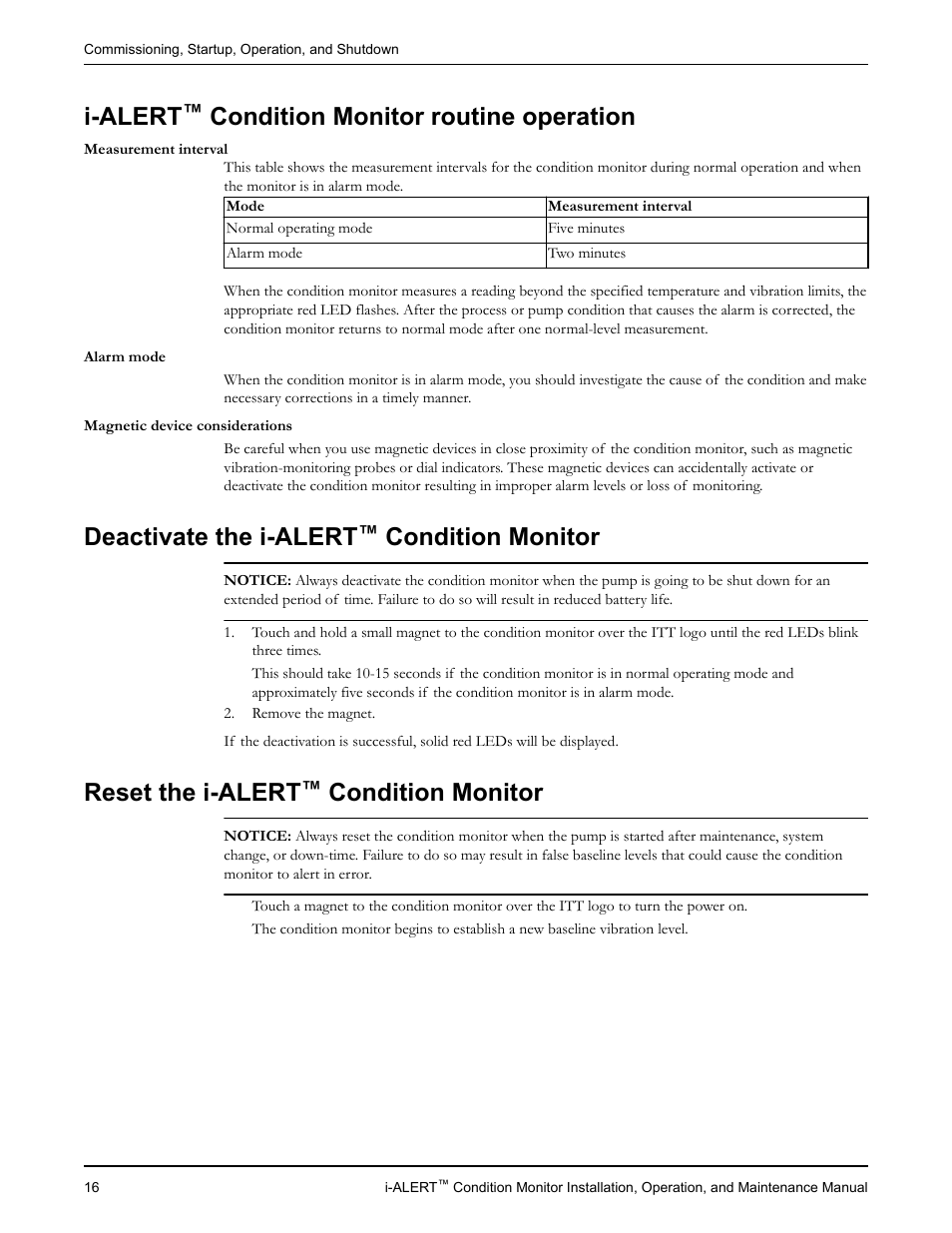 I-alert™ condition monitor routine operation, Deactivate the i-alert™ condition monitor, Reset the i-alert™ condition monitor | I-alert, Condition monitor routine operation, Deactivate the i-alert, Condition monitor, Eset the i-alert, Reset the i-alert | Goulds Pumps i-ALERT Condition Monitor User Manual | Page 18 / 24