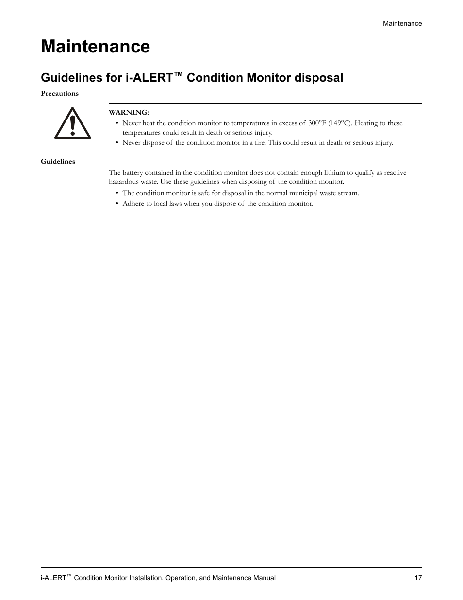 Maintenance, Guidelines for i-alert™ condition monitor disposal, Guidelines for i-alert | Condition monitor disposal | Goulds Pumps i-ALERT Condition Monitor User Manual | Page 19 / 24
