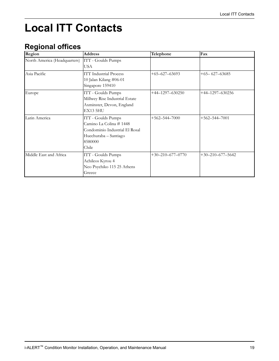 Local itt contacts, Regional offices, Egional offices | Goulds Pumps i-ALERT Condition Monitor User Manual | Page 21 / 24
