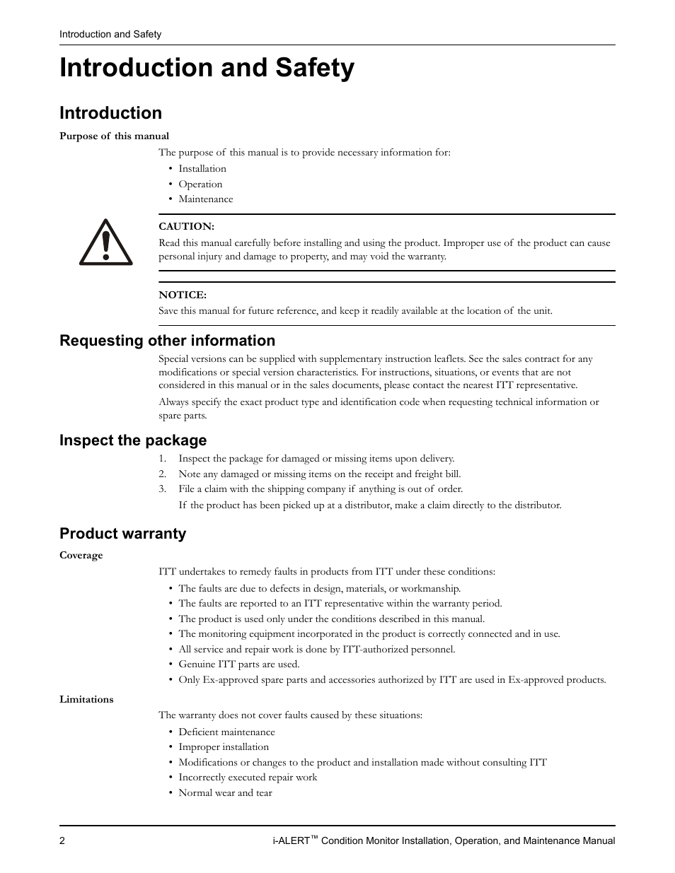 Introduction and safety, Introduction, Requesting other information | Inspect the package, Product warranty | Goulds Pumps i-ALERT Condition Monitor User Manual | Page 4 / 24