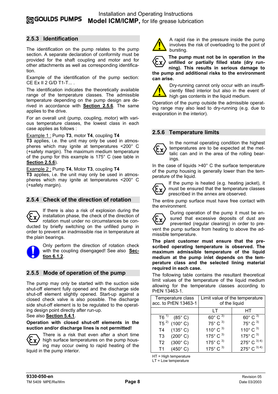 Model icm/icmp, Installation and operating instructions, For life | Grease lubrication, 3 identification, 4 check of the direction of rotation, 5 mode of operation of the pump, 6 temperature limits | Goulds Pumps ICM - IOM User Manual | Page 16 / 30