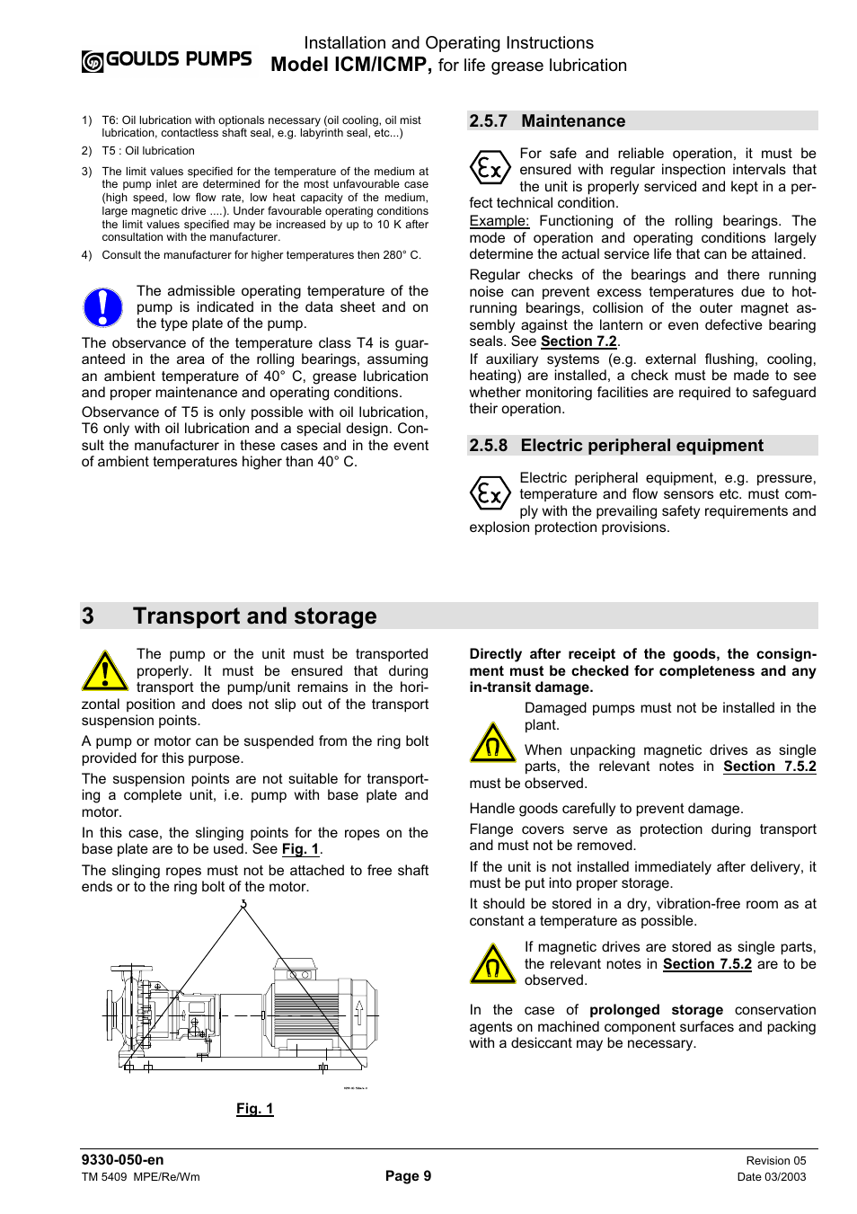 3transport and storage, Model icm/icmp | Goulds Pumps ICM - IOM User Manual | Page 17 / 30