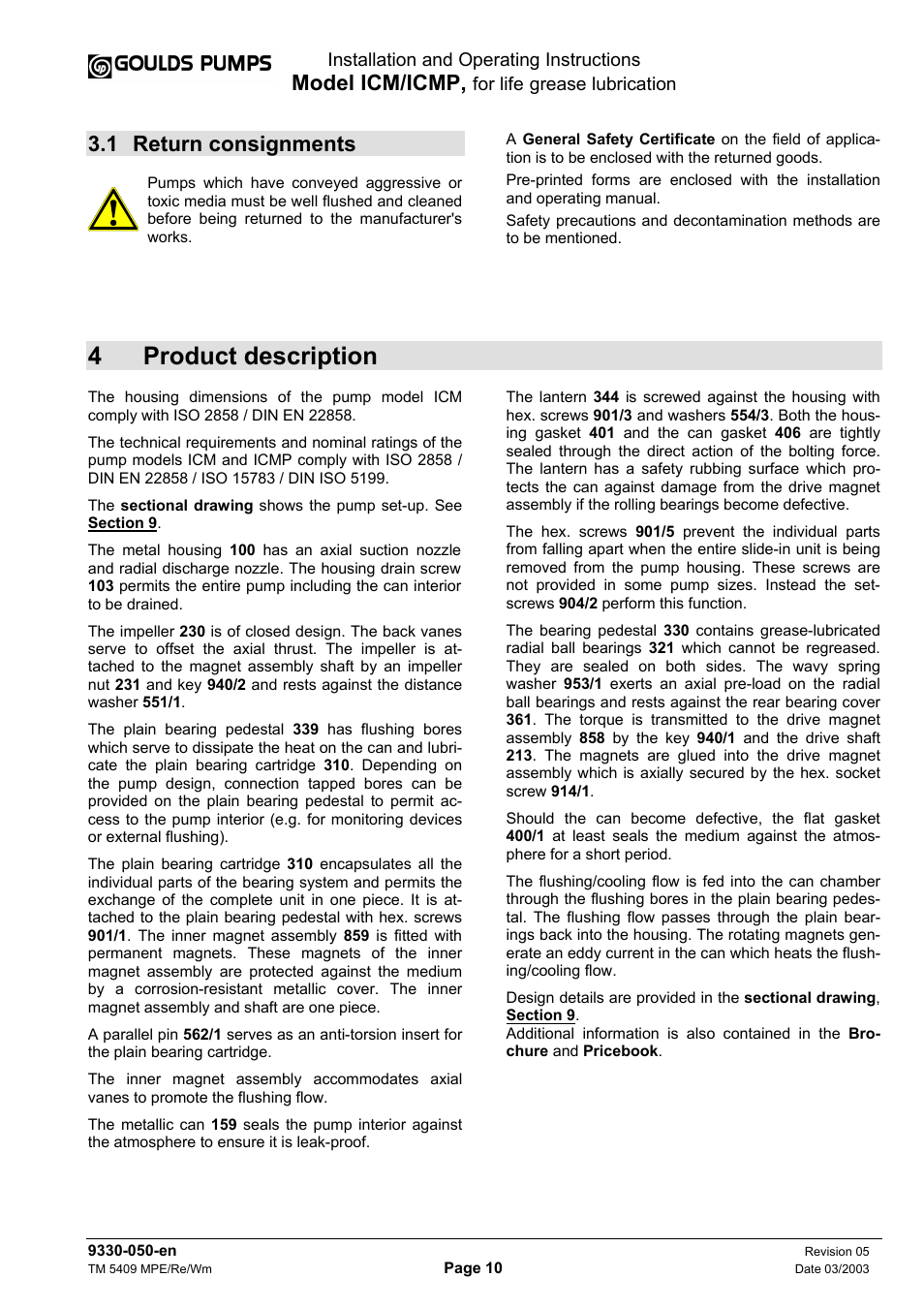 4 product description, Model icm/icmp, 1 return consignments | Goulds Pumps ICM - IOM User Manual | Page 18 / 30