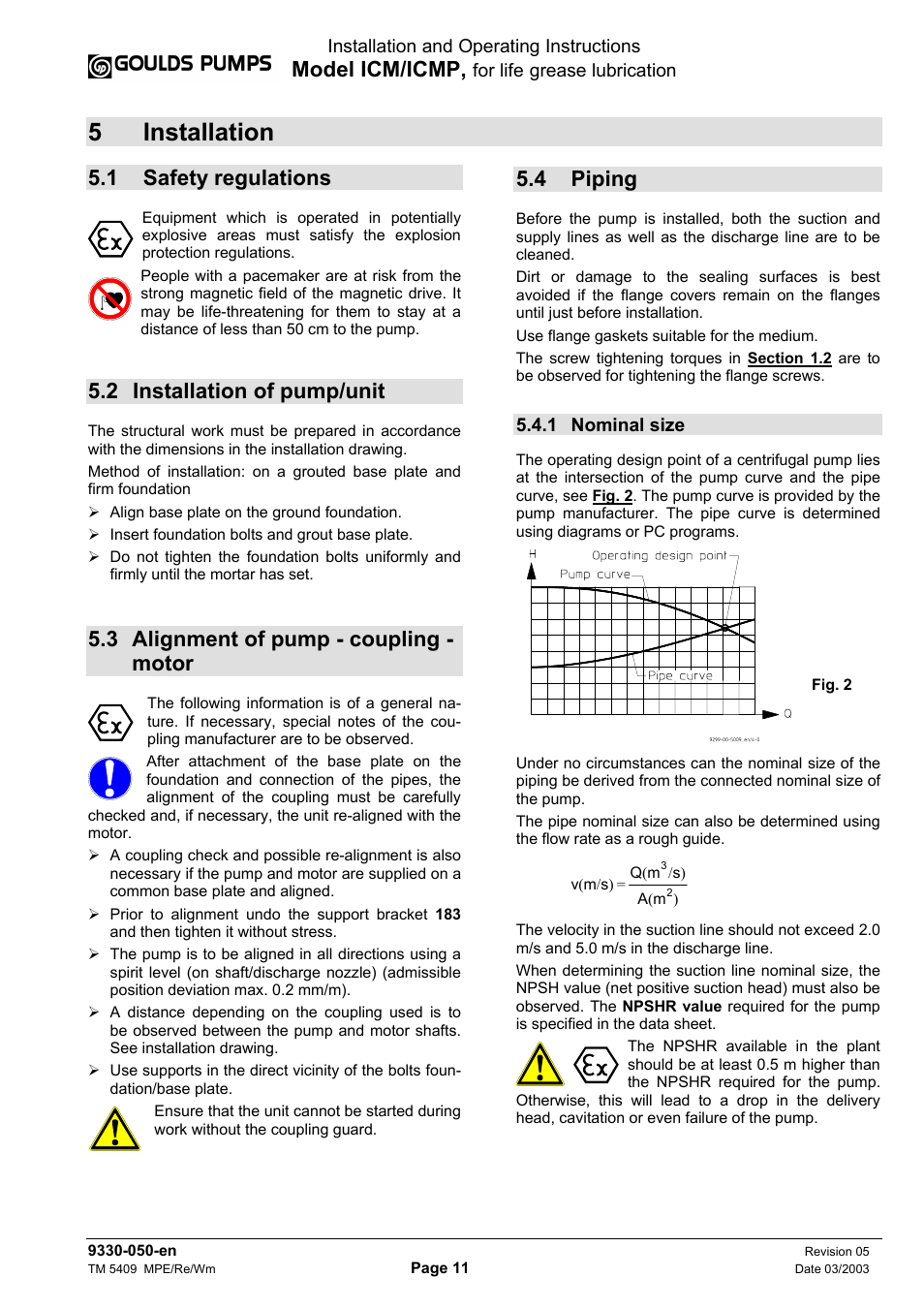 5 installation, Model icm/icmp, 1 safety regulations | 2 installation of pump/unit, 3 alignment of pump - coupling - motor, 4 piping | Goulds Pumps ICM - IOM User Manual | Page 19 / 30