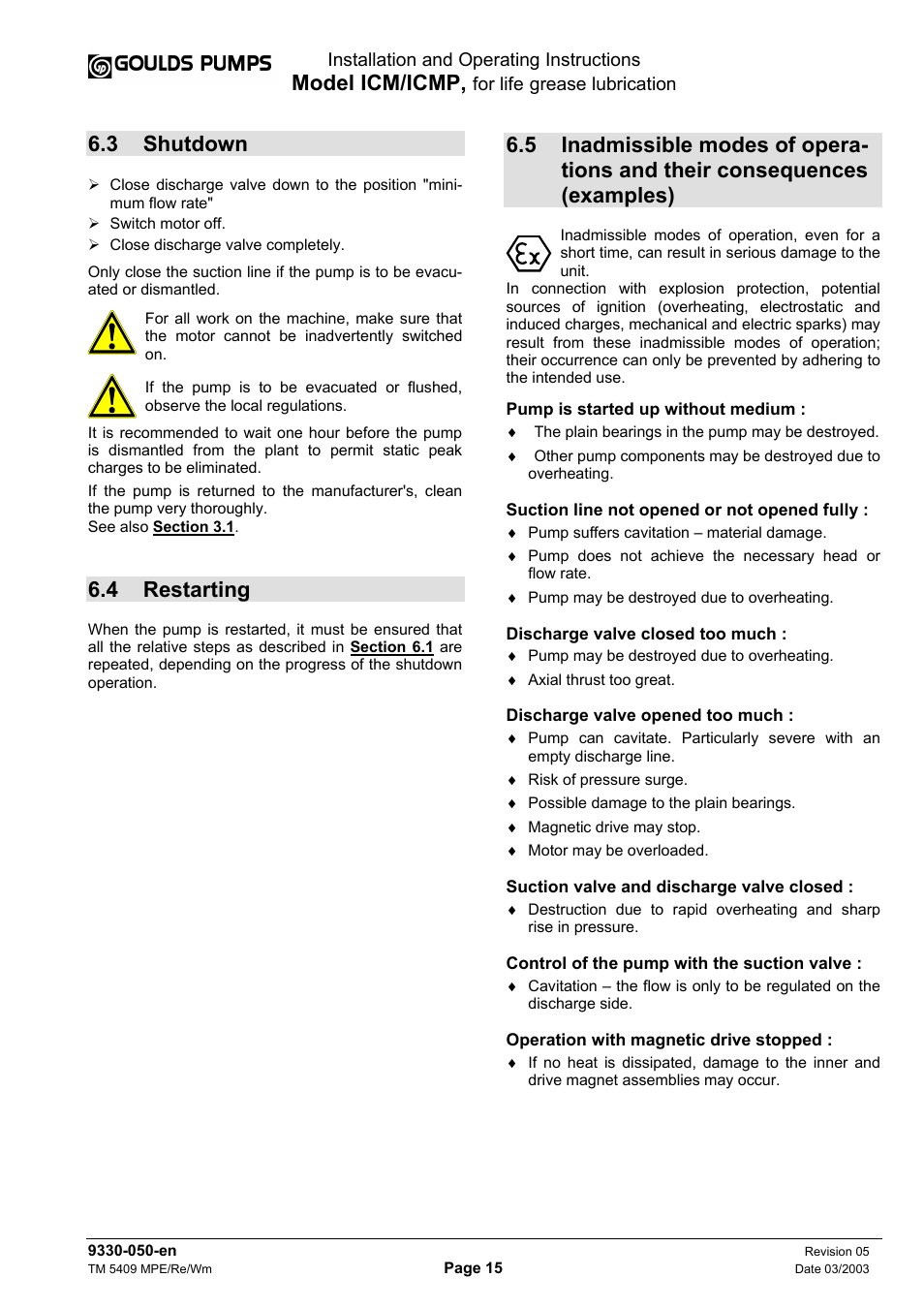 Model icm/icmp, 3 shutdown, 4 restarting | Goulds Pumps ICM - IOM User Manual | Page 23 / 30