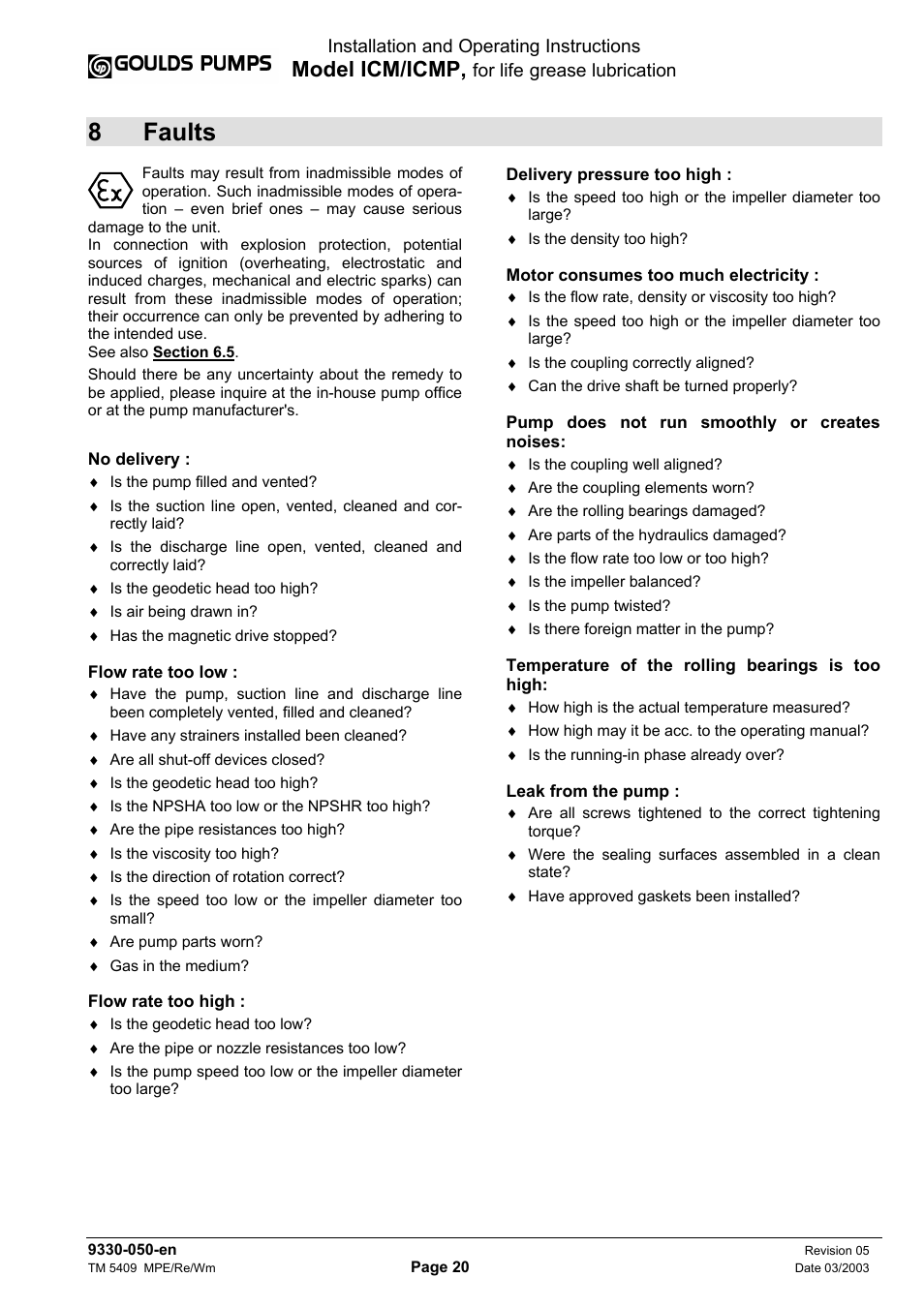 8 faults, Model icm/icmp | Goulds Pumps ICM - IOM User Manual | Page 28 / 30