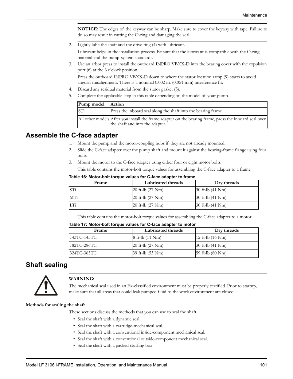 Assemble the c-face adapter, Shaft sealing, Assemble the c-face adapter shaft sealing | Goulds Pumps LF 3196 i-FRAME - IOM User Manual | Page 103 / 142