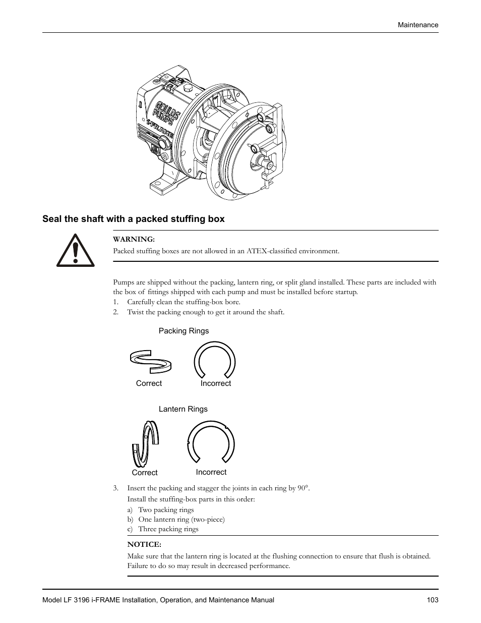 Seal the shaft with a packed stuffing box | Goulds Pumps LF 3196 i-FRAME - IOM User Manual | Page 105 / 142