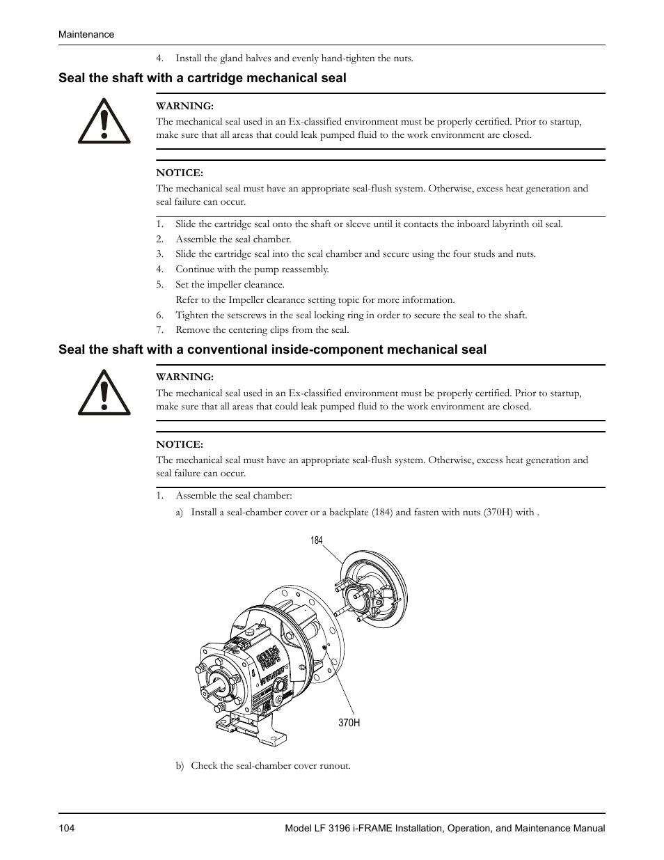 Seal the shaft with a cartridge mechanical seal | Goulds Pumps LF 3196 i-FRAME - IOM User Manual | Page 106 / 142