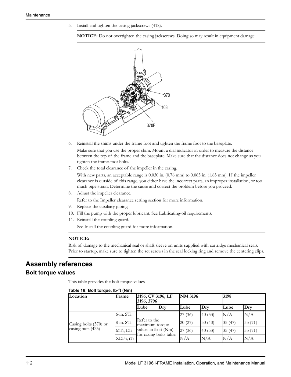 Assembly references, Bolt torque values | Goulds Pumps LF 3196 i-FRAME - IOM User Manual | Page 114 / 142