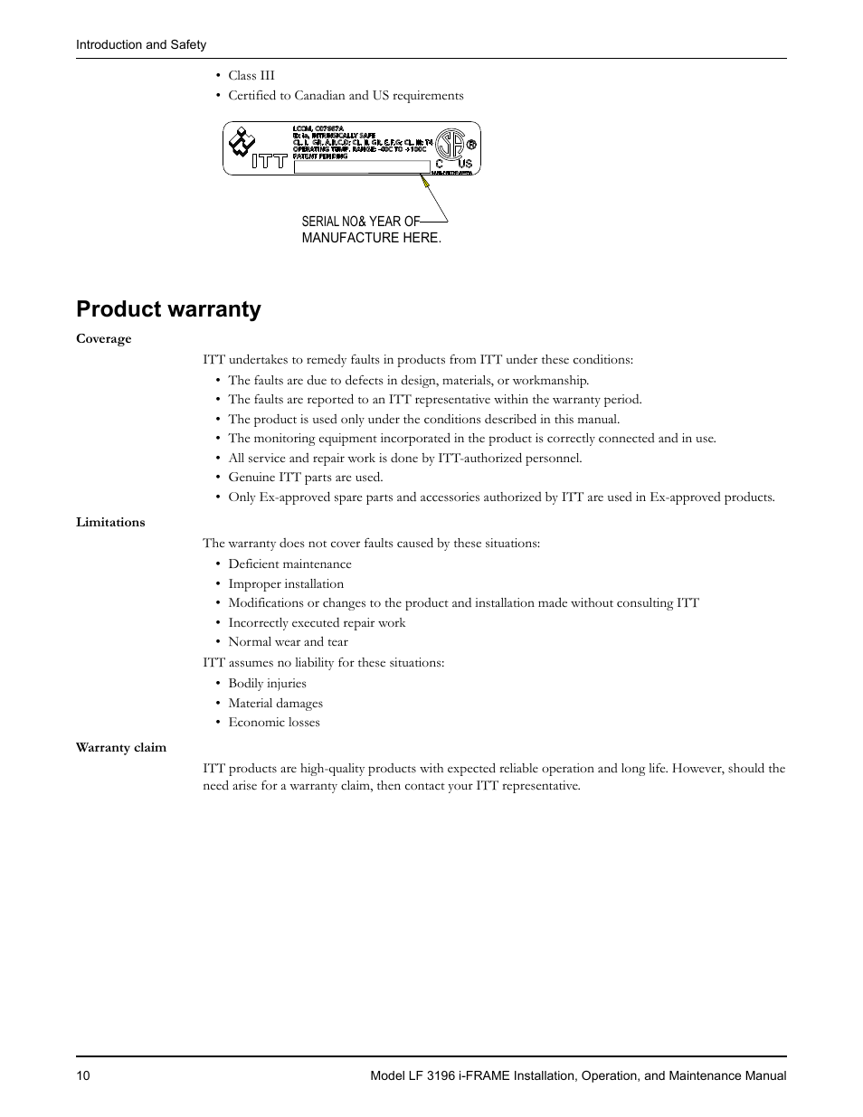 Product warranty | Goulds Pumps LF 3196 i-FRAME - IOM User Manual | Page 12 / 142