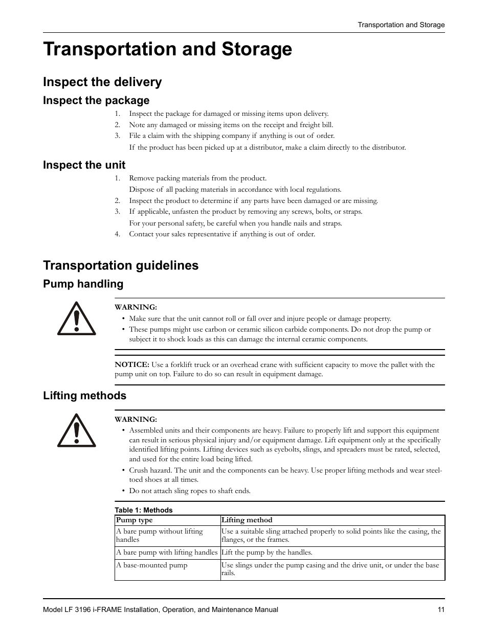 Transportation and storage, Inspect the delivery, Inspect the package | Inspect the unit, Transportation guidelines, Pump handling, Lifting methods, Ransportation and storage, Inspect the package inspect the unit, Ransportation guidelines | Goulds Pumps LF 3196 i-FRAME - IOM User Manual | Page 13 / 142