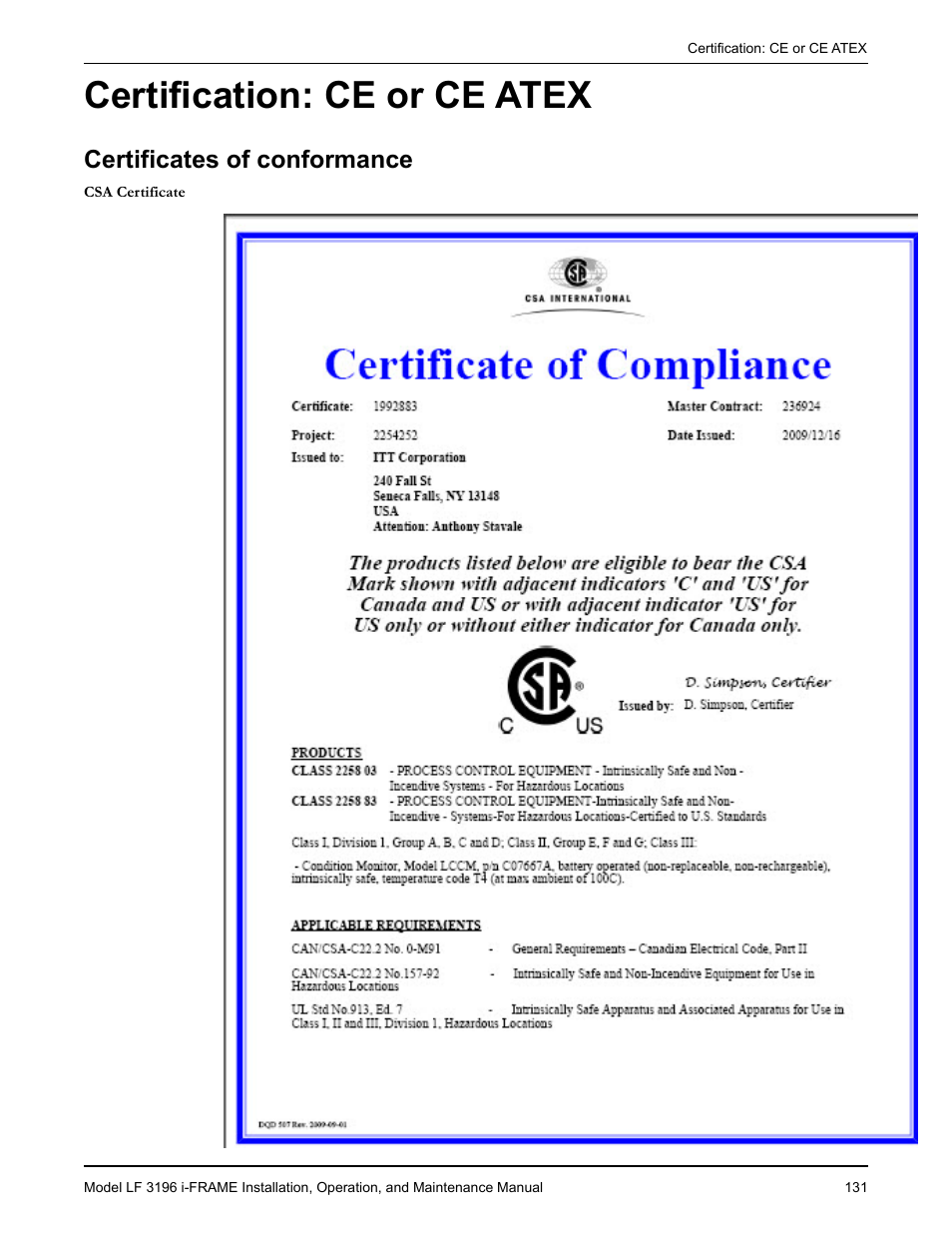 Certification: ce or ce atex, Certificates of conformance, Tificates of conformance | Goulds Pumps LF 3196 i-FRAME - IOM User Manual | Page 133 / 142