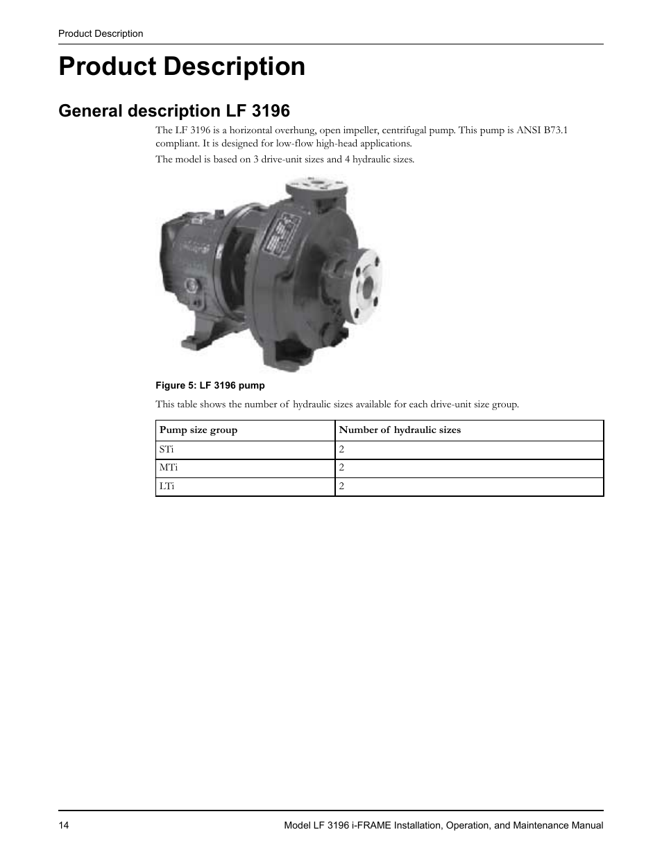 Product description, General description lf 3196, Oduct description | Goulds Pumps LF 3196 i-FRAME - IOM User Manual | Page 16 / 142