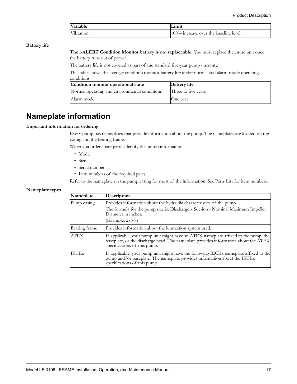 Nameplate information | Goulds Pumps LF 3196 i-FRAME - IOM User Manual | Page 19 / 142