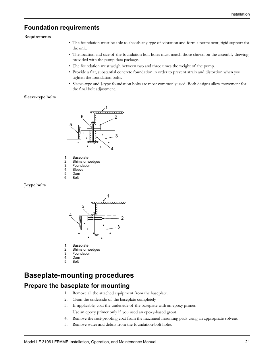 Foundation requirements, Baseplate-mounting procedures, Prepare the baseplate for mounting | Oundation requirements, Pare the baseplate for mounting | Goulds Pumps LF 3196 i-FRAME - IOM User Manual | Page 23 / 142