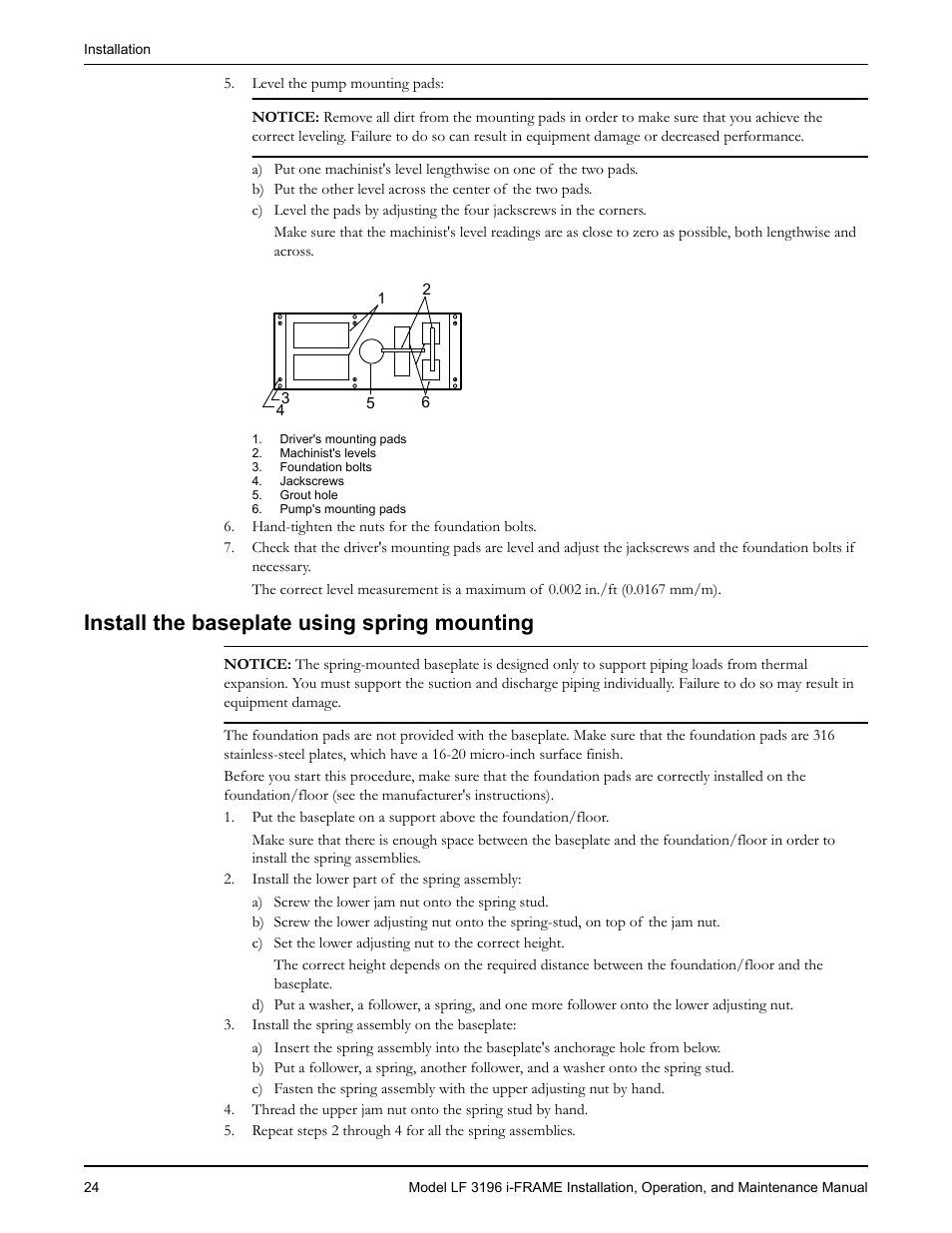 Install the baseplate using spring mounting | Goulds Pumps LF 3196 i-FRAME - IOM User Manual | Page 26 / 142