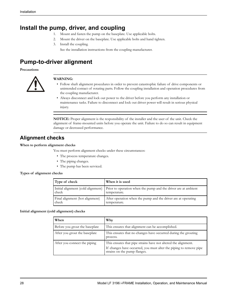 Install the pump, driver, and coupling, Pump-to-driver alignment, Alignment checks | Goulds Pumps LF 3196 i-FRAME - IOM User Manual | Page 30 / 142