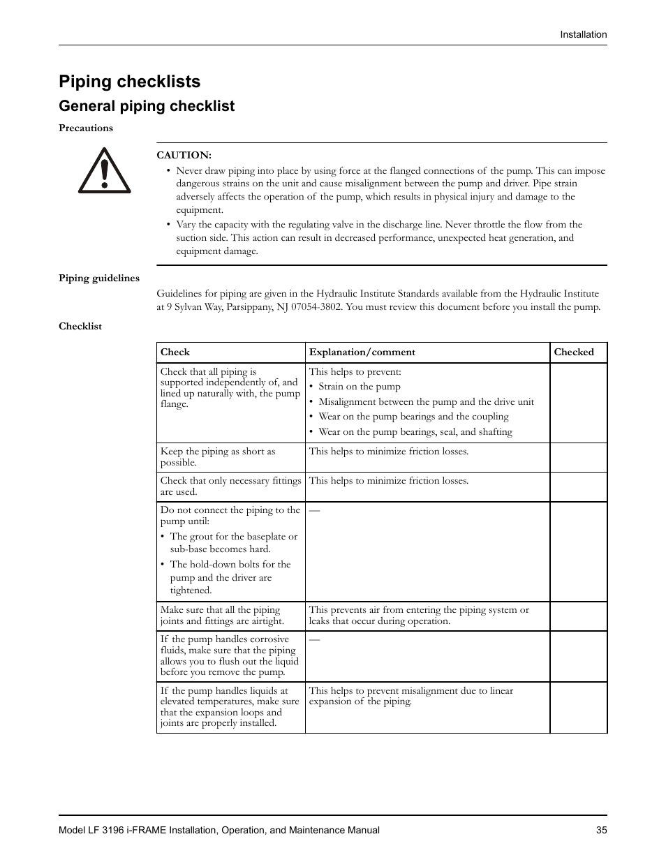 Piping checklists, General piping checklist | Goulds Pumps LF 3196 i-FRAME - IOM User Manual | Page 37 / 142